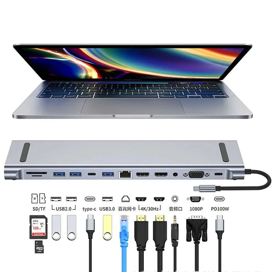 USB-концентратор USB C 3.0 Type C — многофункциональный HDMI-конвертер для мониторов 4K, адаптер питания RJ45 Ethernet VGA PD, док-станция, разветвитель для ноутбука.