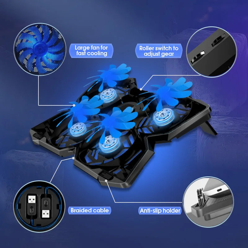 Coolcold — охлаждающая подставка для ноутбука, игровой ноутбук, с четырьмя вентиляторами и двумя USB-портами для ноутбуков диагональю 14-17 дюймов.