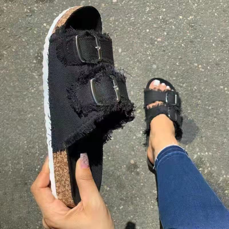 Casual Solid Canvas Buckle Denim Flat Slippers