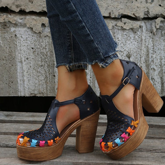 Printed Ethnic Style High-heeled Women's Floral Buckle Chunky Heel Toe Roman Sandals