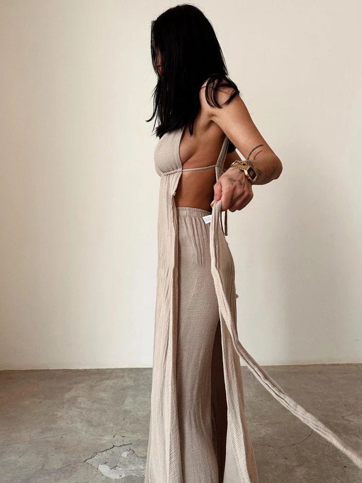 Linen Wrap Bohemian Backless Slit Two-piece Dress
