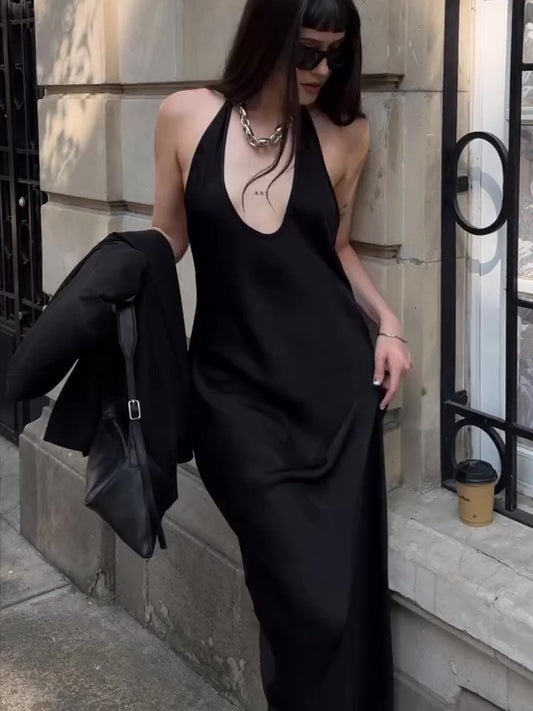 Black Deep V Backless Dress