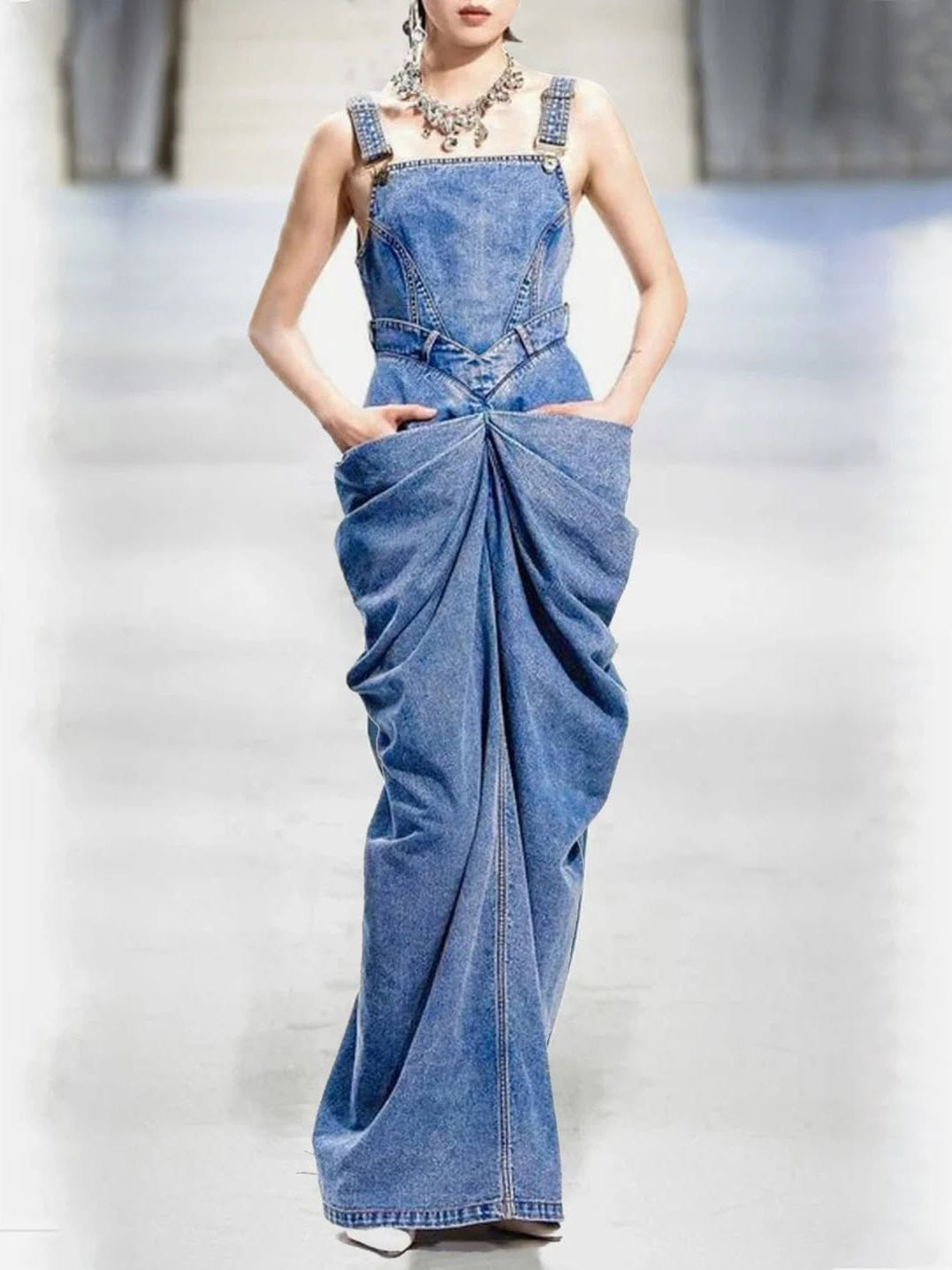 Denim Suspender Pleated Dress