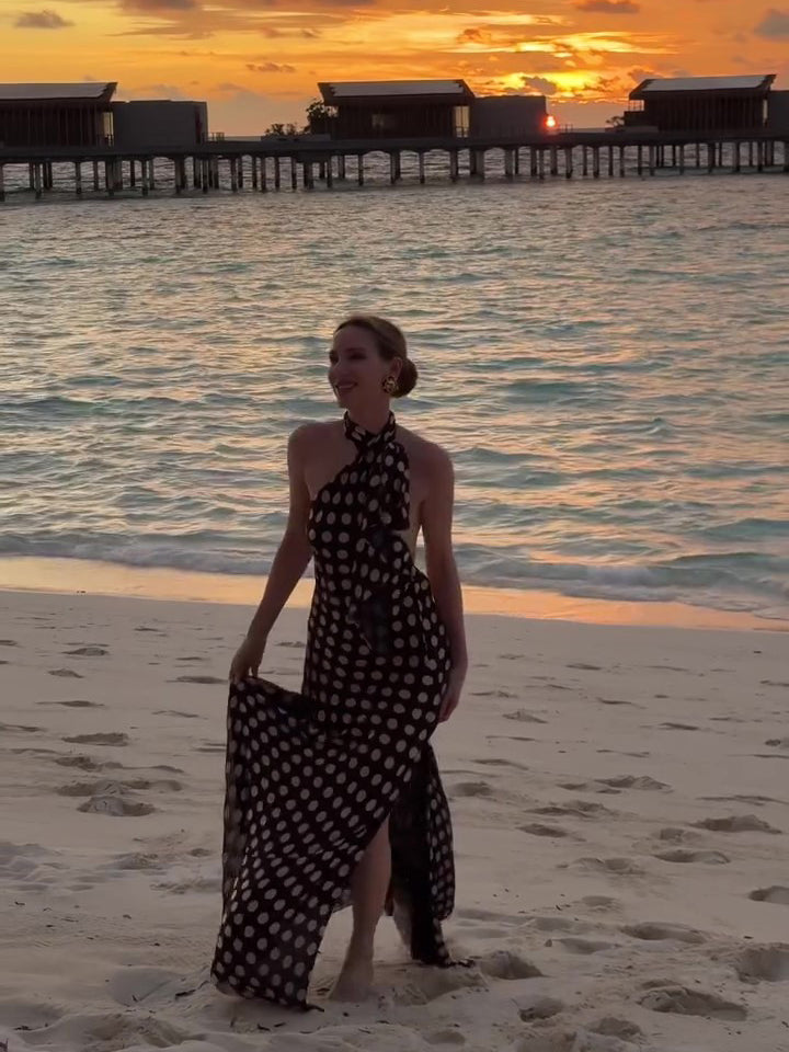 Polka Dot Backless Slit Maxi Dress