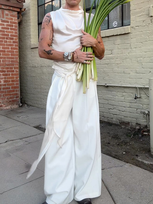 Beige Satin Draped Collar Sleeveless Top
