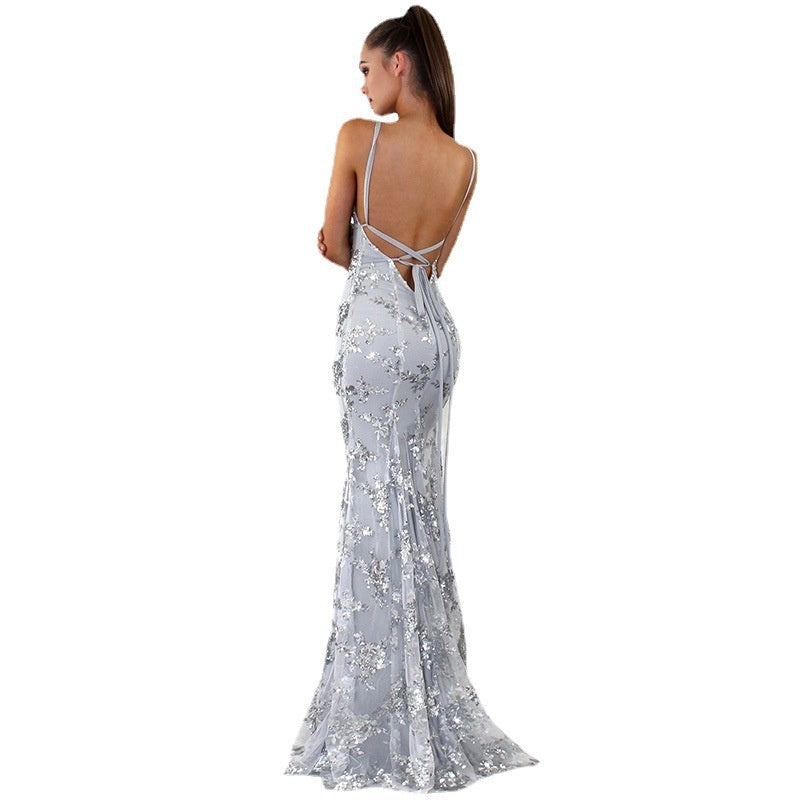 Dress V-neck Brace Backless Sequined Lace-up