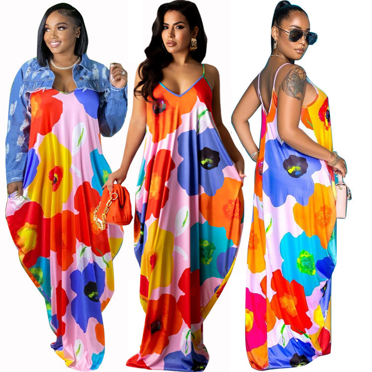 Tie-dye Printing V-neck Brace Mopping Dress