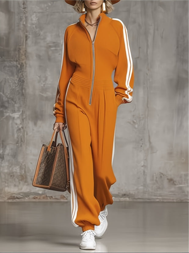 American Retro Stand-collar Zip-up Sportswear Set For Women, Loose And Slimming Casual Sweatshirt And Sweatpants Two-piece Set For Spring And Autumn