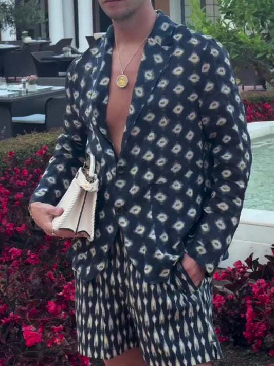 Navy Geometric Print Blazer & Shorts Set