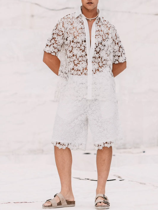 White Floral Lace Short-Sleeve Shirt & Shorts Set