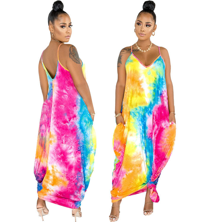 Tie-dye Printing V-neck Brace Mopping Dress