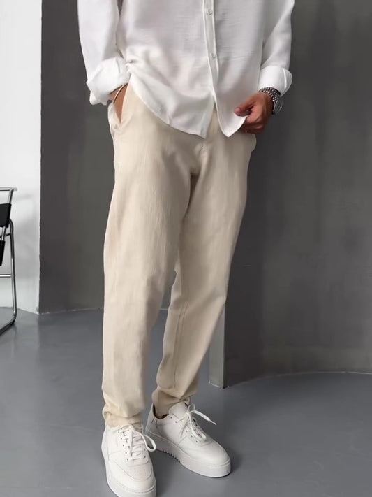Beige Linen Straight-leg Pants