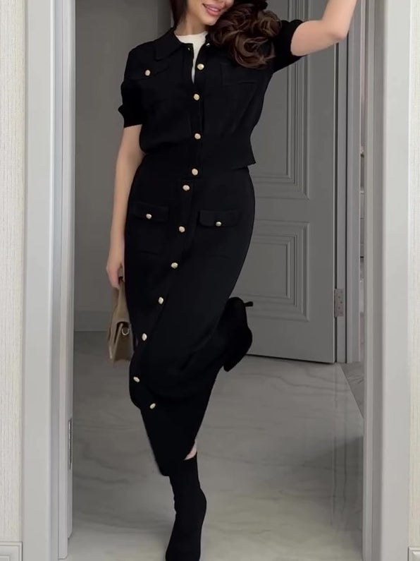 Lapel Short Sleeve Shirt & Single Button Skirt Set