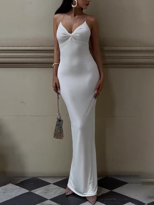 White Twisted Backless Strap Maxi Dress