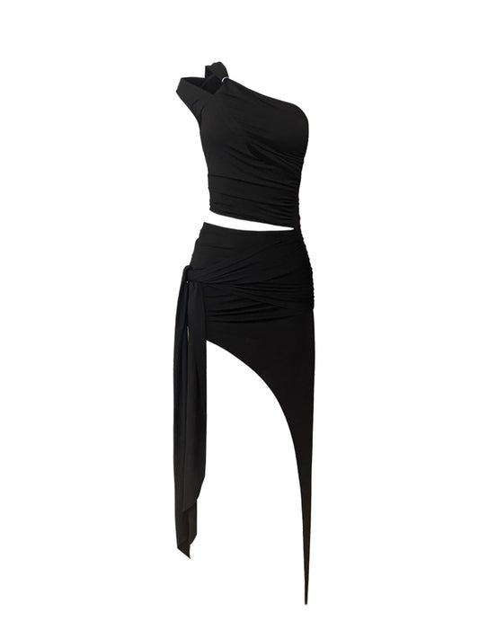 Oblique Shoulder Hollow Irregular Pleated Top Diagonal Strap Skirt Suit