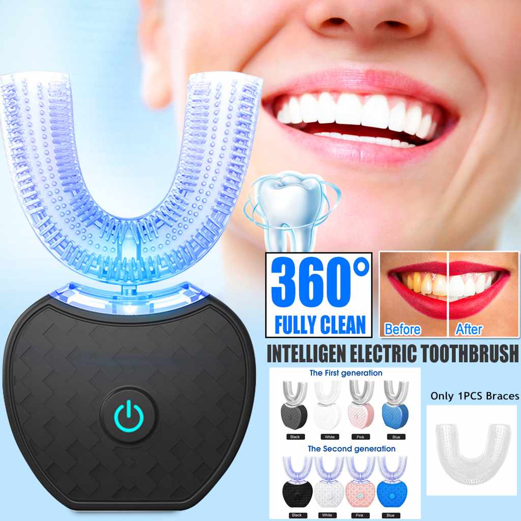 فرشاة أسنان كهربائية أوتوماتيكية ذكية بزاوية 360 درجة، مقاومة للماء، على شكل حرف U، لتبييض الأسنان، مزودة بإضاءة زرقاء، قابلة للشحن عبر منفذ USB 