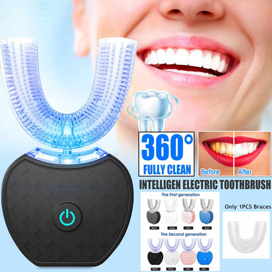فرشاة أسنان كهربائية أوتوماتيكية ذكية بزاوية 360 درجة، مقاومة للماء، على شكل حرف U، لتبييض الأسنان، مزودة بإضاءة زرقاء، قابلة للشحن عبر منفذ USB 
