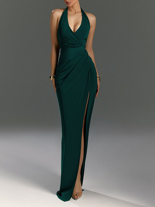 Dark Green Halter Neck Open Back Slit Dress
