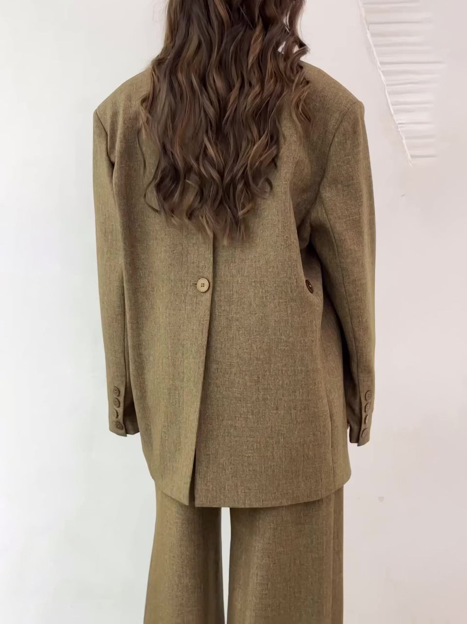 Solid Color Slit Back Buttoned Waist Blazer & High Waist Pants Set