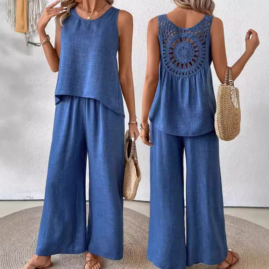 Women's Sleeveless Solid Color Back Hollow Lace Suit