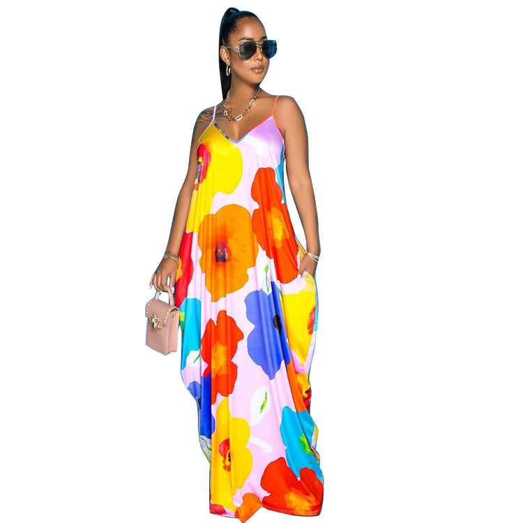 Tie-dye Printing V-neck Brace Mopping Dress