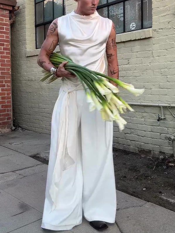 Beige Satin Draped Collar Sleeveless Top