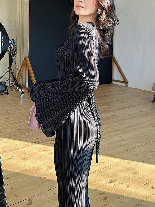 Black Pleated Belted Long Sleeve Dress