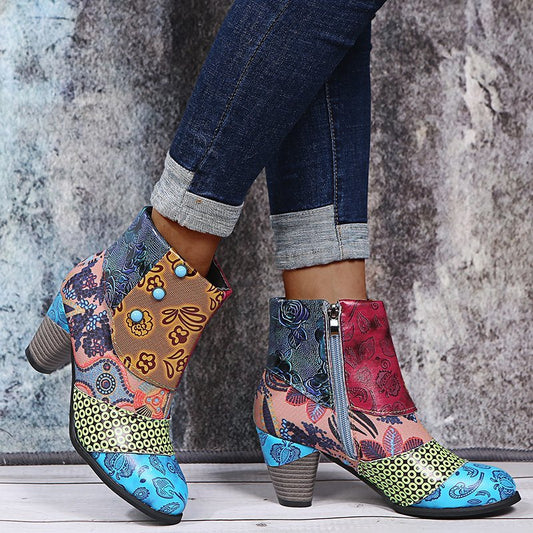 Bohemian Women's Ethnic Style Retro Stitching High-heeled Ankle Boots