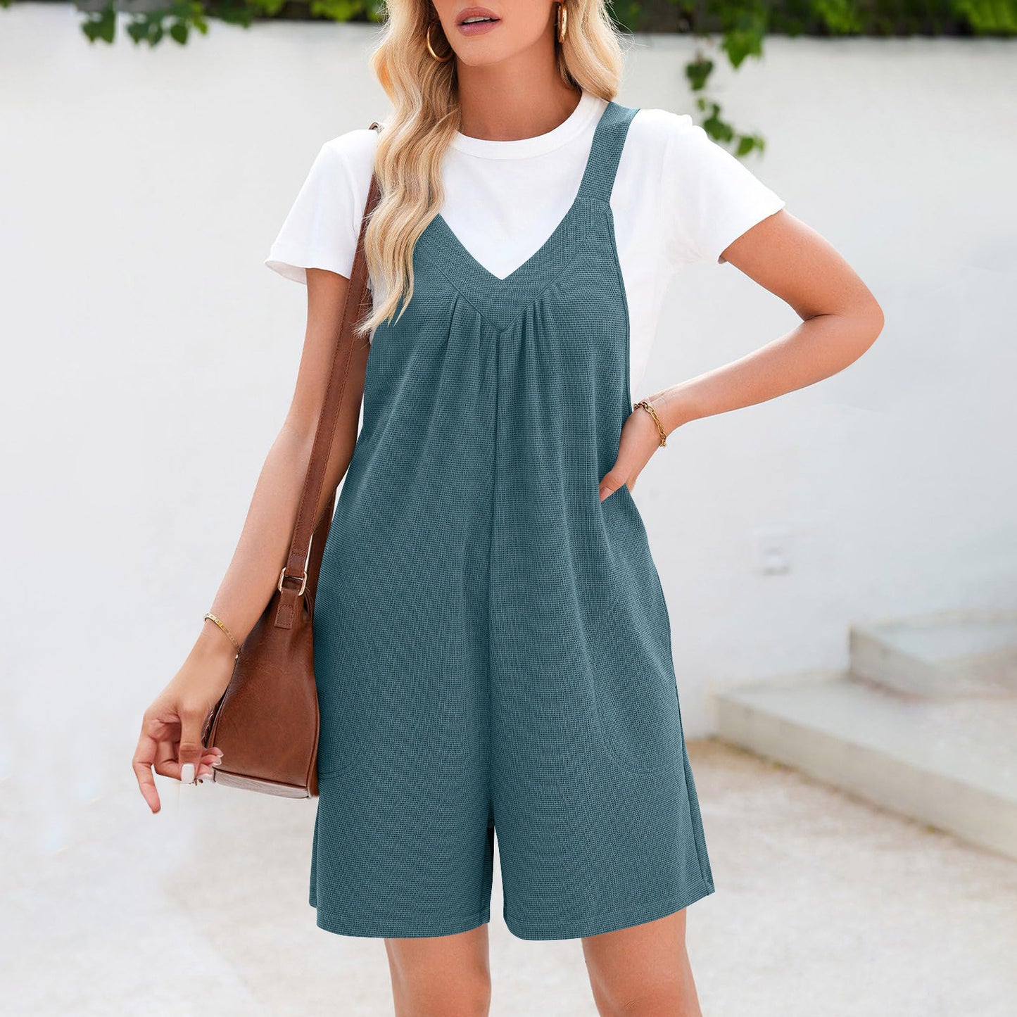 Women's Solid Color V-neck Brace Jumpsuit